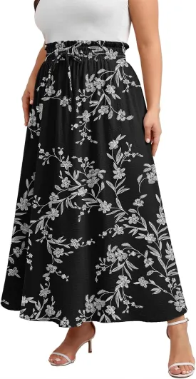 Xpenyo Womens Plus Size Maxi Skirts Summer Elastic High Waisted Boho Casual Beach Flowy Swing Long Skirts with Pockets