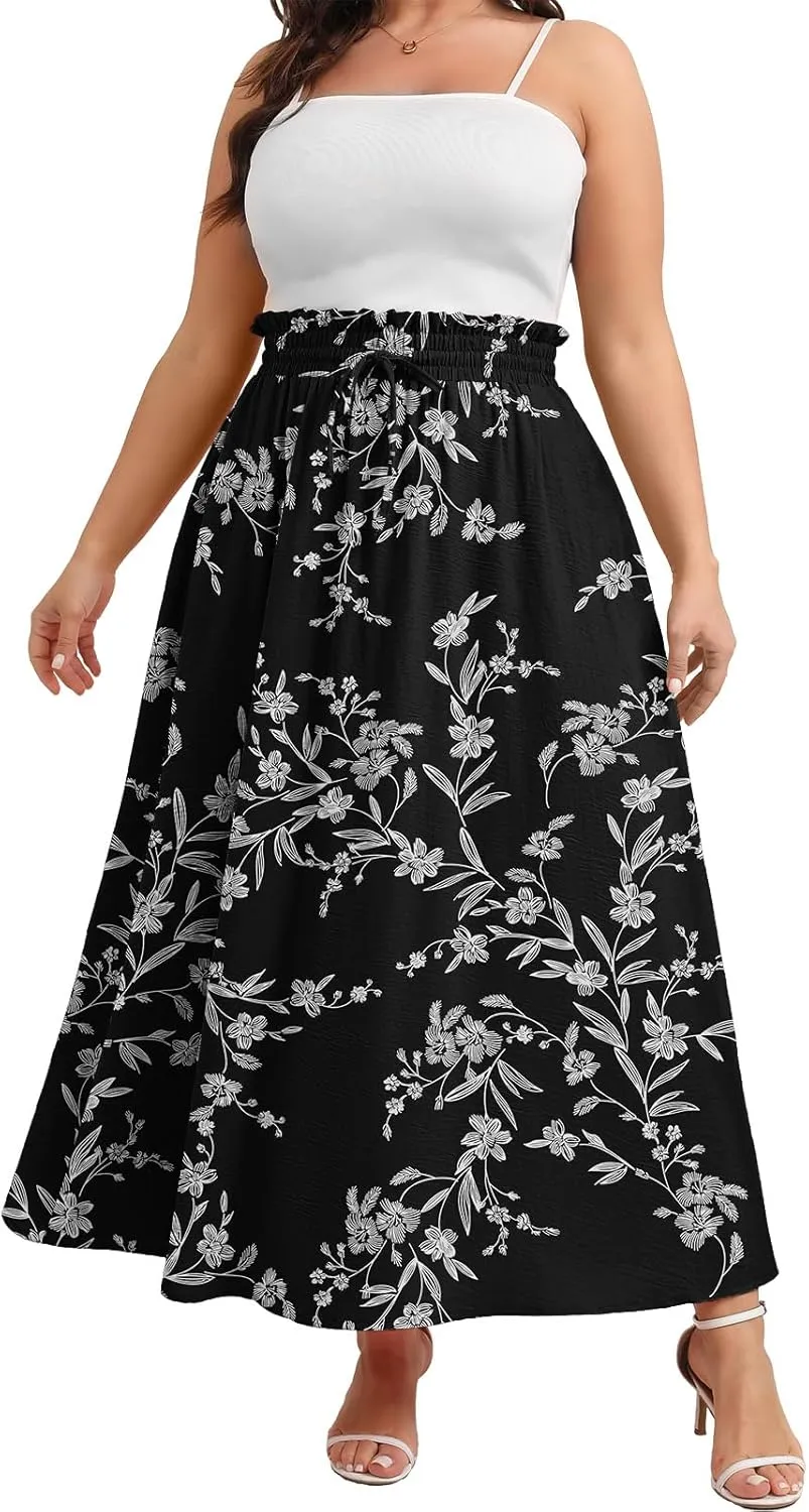 Xpenyo Womens Plus Size Maxi Skirts Summer Elastic High Waisted Boho Casual Beach Flowy Swing Long Skirts with Pockets