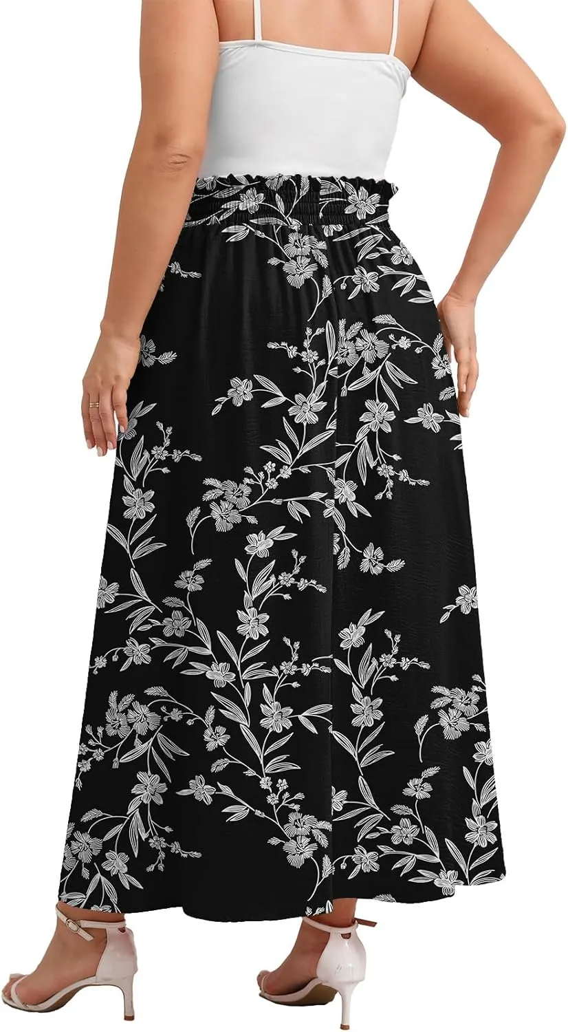Xpenyo Womens Plus Size Maxi Skirts Summer Elastic High Waisted Boho Casual Beach Flowy Swing Long Skirts with Pockets