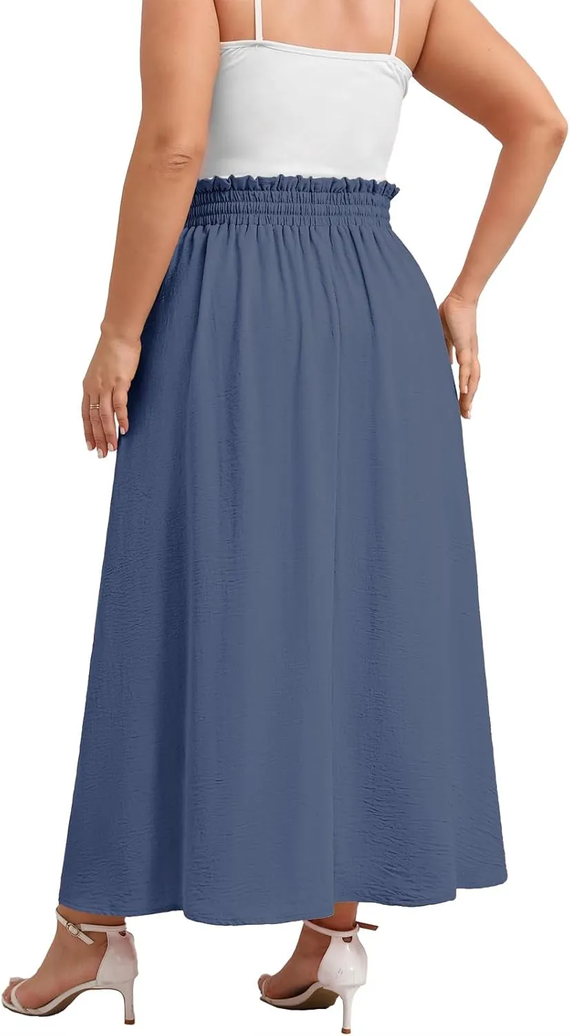 Xpenyo Womens Plus Size Maxi Skirts Summer Elastic High Waisted Boho Casual Beach Flowy Swing Long Skirts with Pockets