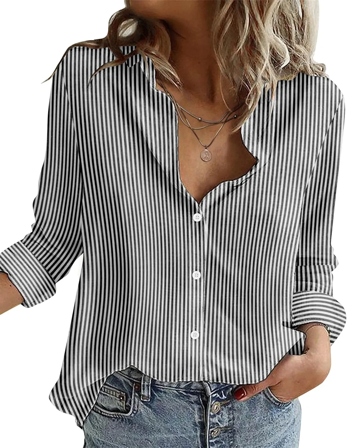 Zeagoo Button Down Shirts for Women Loose Fit Striped Long Sleeve Fall Blouse Business Casual Work Tops